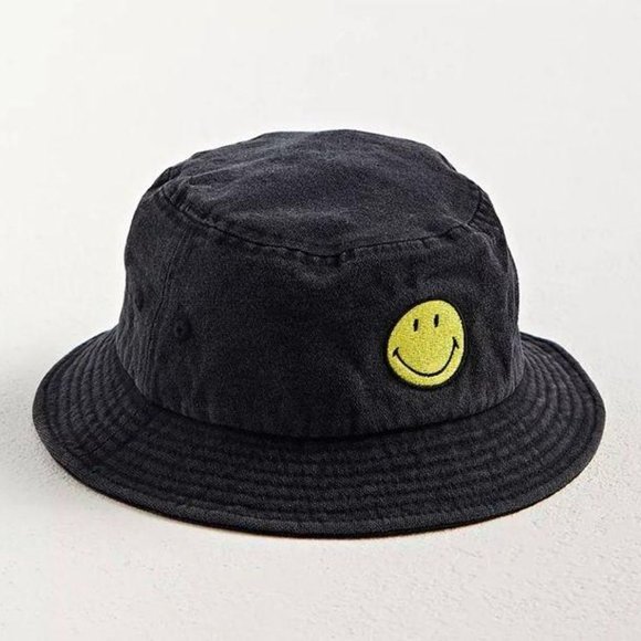 Smiley Face Patch Washed Black Denim Bucket Hat - Picture 1 of 5